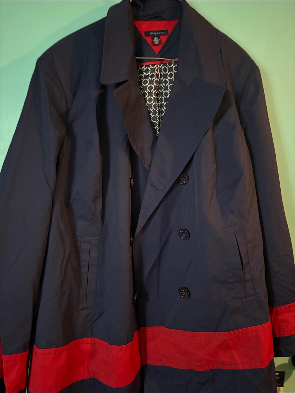 Tommy Hilfiger Navy and Red Double-Breasted Trench Coat